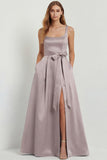 Light Blue A Line Square Neck Bow Satin Long Bridesmaid Dress with Slit
