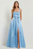 Light Blue A Line Square Neck Bow Satin Long Bridesmaid Dress with Slit