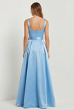 Light Blue A Line Square Neck Bow Satin Long Bridesmaid Dress with Slit