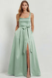 Light Blue A Line Square Neck Bow Satin Long Bridesmaid Dress with Slit
