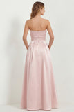 Strapless Blush A Line Satin Long Bridesmaid Dress with Pockets