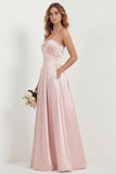 Strapless Blush A Line Satin Long Bridesmaid Dress with Pockets