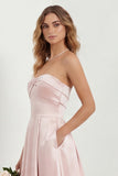 Strapless Blush A Line Satin Long Bridesmaid Dress with Pockets