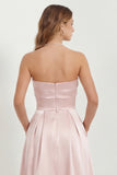 Strapless Blush A Line Satin Long Bridesmaid Dress with Pockets