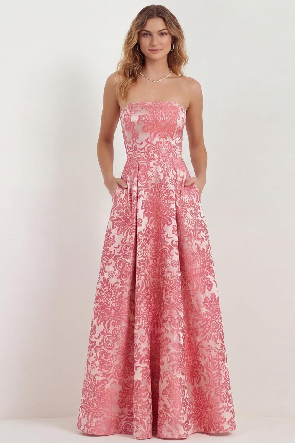 WEDTREND Women Hot Pink Jacquard Bridesmaid Dress A Line Long Wedding Guest Dress with Pockets, Hot Pink / US18W