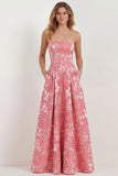 Hot Pink Strapless A Line Jacquard Long Bridesmaid Dress with Pockets