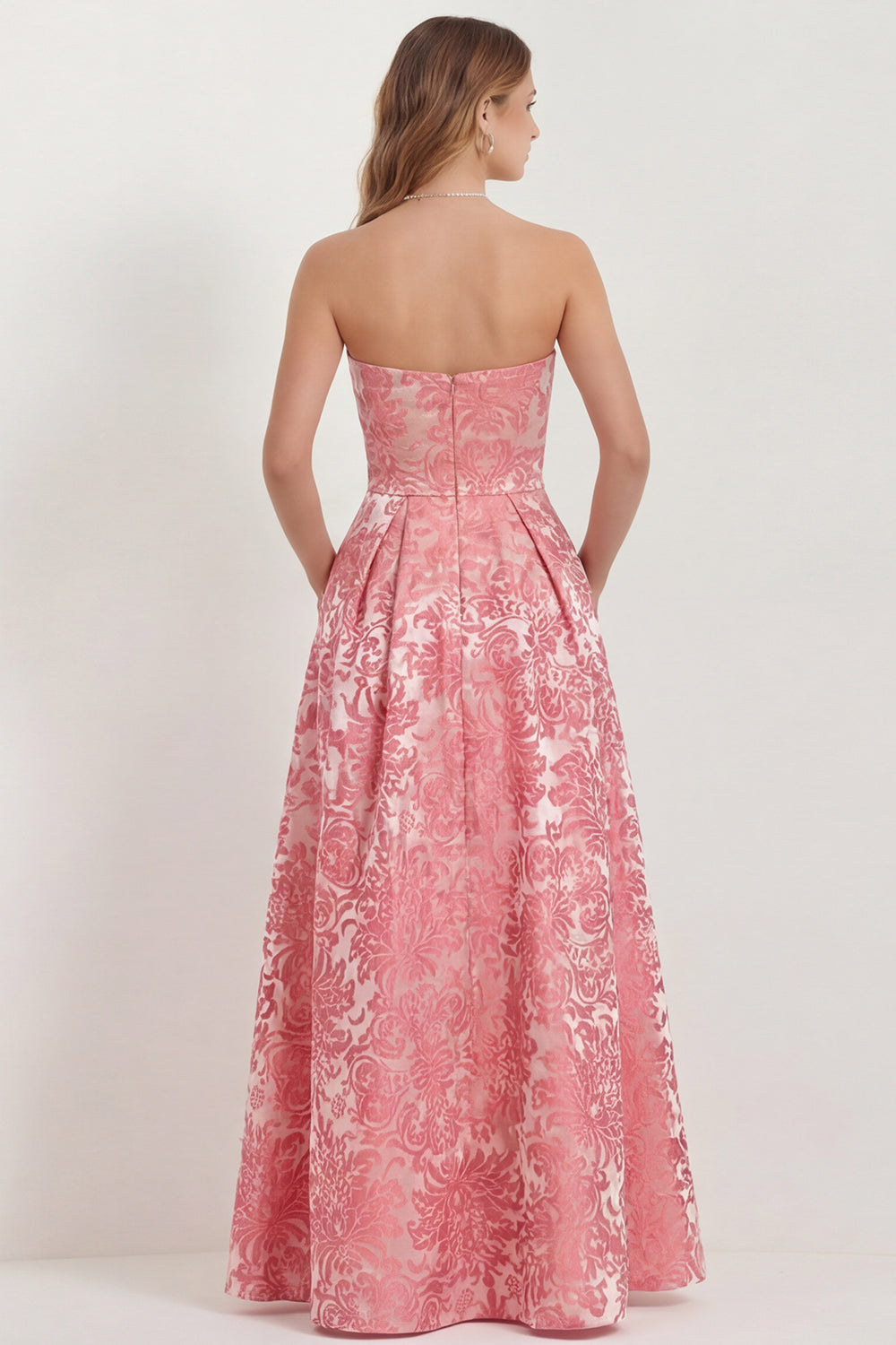 WEDTREND Women Hot Pink Jacquard Bridesmaid Dress A Line Long Wedding Guest Dress with Pockets, Hot Pink / US18W