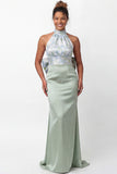 Green Printed Mermaid Halter Satin Bridesmaid Dress with Bow
