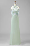 Green Printed Mermaid Halter Satin Bridesmaid Dress with Bow