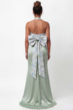 Green Printed Mermaid Halter Satin Bridesmaid Dress with Bow
