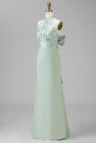 Green Printed Mermaid Halter Satin Bridesmaid Dress with Bow