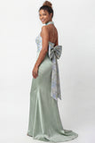Green Printed Mermaid Halter Satin Bridesmaid Dress with Bow