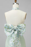 Green Printed Mermaid Halter Satin Bridesmaid Dress with Bow