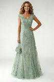 Green Floral Sequin A Line Pleated Long Mother of the Bride Dress