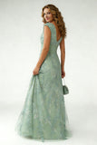 Green Floral Sequin A Line Pleated Long Mother of the Bride Dress