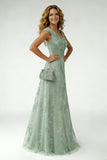 Green Floral Sequin A Line Pleated Long Mother of the Bride Dress