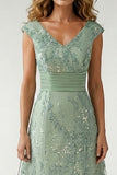 Green Floral Sequin A Line Pleated Long Mother of the Bride Dress