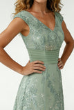Green Floral Sequin A Line Pleated Long Mother of the Bride Dress