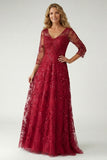 Burgundy A Line Appliqued V Neck Mother of the Bride Dress with Sheer Sleeves