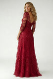 Burgundy A Line Appliqued V Neck Mother of the Bride Dress with Sheer Sleeves