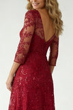 Burgundy A Line Appliqued V Neck Mother of the Bride Dress with Sheer Sleeves