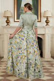 Sage Green Floral A Line Notched Lapel Long Mother Of The Bride Dress