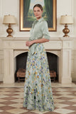 Sage Green Floral A Line Notched Lapel Long Mother Of The Bride Dress