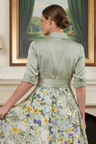 Sage Green Floral A Line Notched Lapel Long Mother Of The Bride Dress