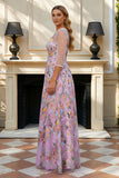 Floral Dusty Rose Applique Illusion Neck A Line Mother of the Bride Dress with Long Sleeves