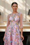 Floral Dusty Rose Applique Illusion Neck A Line Mother of the Bride Dress with Long Sleeves