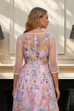 Floral Dusty Rose Applique Illusion Neck A Line Mother of the Bride Dress with Long Sleeves