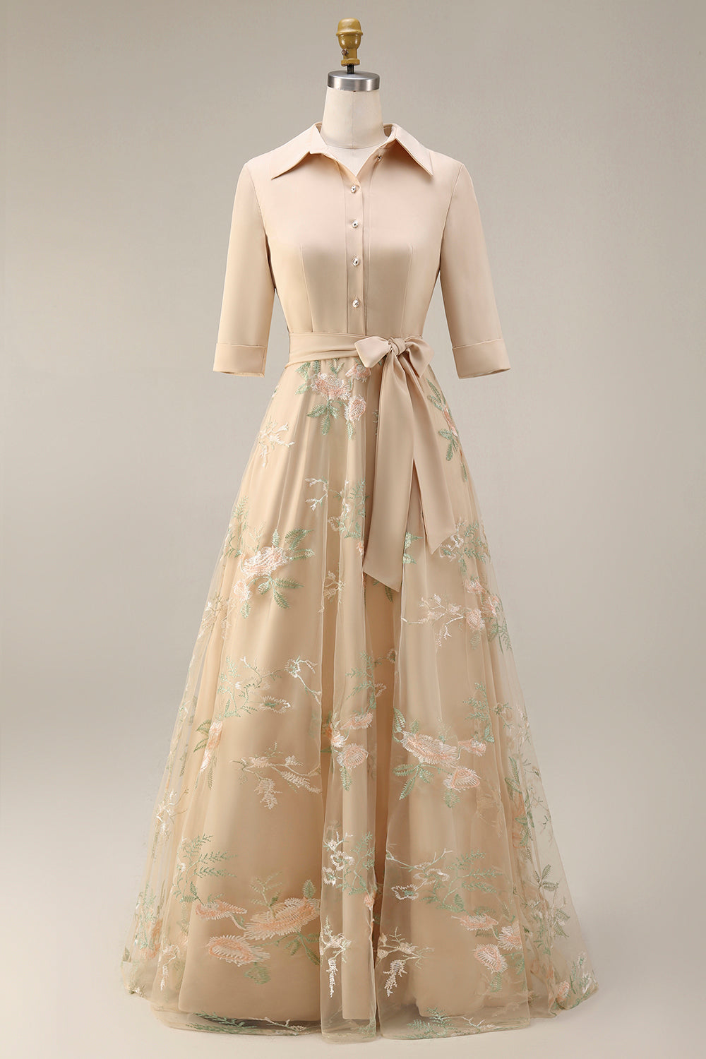 green and beige dress Luxurious beige evening dress with green embroidery