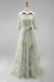 Sage Green Floral A Line Long Mother of the Bride Dress with Bow