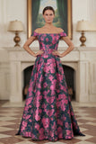 Fuchsia Flower Printed Off the Shoulder A Line Long Evening Dress