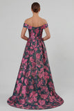 Fuchsia Flower Printed Off the Shoulder A Line Long Evening Dress