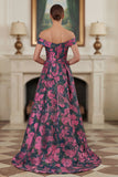 Fuchsia Flower Printed Off the Shoulder A Line Long Evening Dress