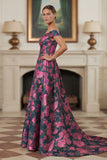 Fuchsia Flower Printed Off the Shoulder A Line Long Evening Dress
