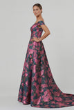 Fuchsia Flower Printed Off the Shoulder A Line Long Evening Dress