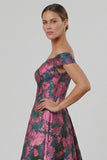 Fuchsia Flower Printed Off the Shoulder A Line Long Evening Dress