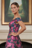 Fuchsia Flower Printed Off the Shoulder A Line Long Evening Dress