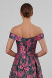 Fuchsia Flower Printed Off the Shoulder A Line Long Evening Dress