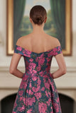 Fuchsia Flower Printed Off the Shoulder A Line Long Evening Dress