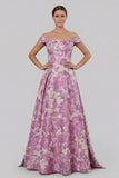 Fuchsia Flower Printed Off the Shoulder A Line Long Evening Dress