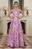 Fuchsia Flower Printed Off the Shoulder A Line Long Evening Dress
