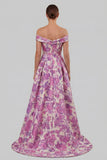 Fuchsia Flower Printed Off the Shoulder A Line Long Evening Dress