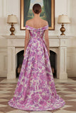 Fuchsia Flower Printed Off the Shoulder A Line Long Evening Dress