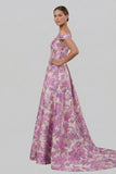 Fuchsia Flower Printed Off the Shoulder A Line Long Evening Dress