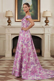 Fuchsia Flower Printed Off the Shoulder A Line Long Evening Dress