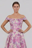 Fuchsia Flower Printed Off the Shoulder A Line Long Evening Dress