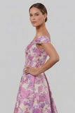 Fuchsia Flower Printed Off the Shoulder A Line Long Evening Dress